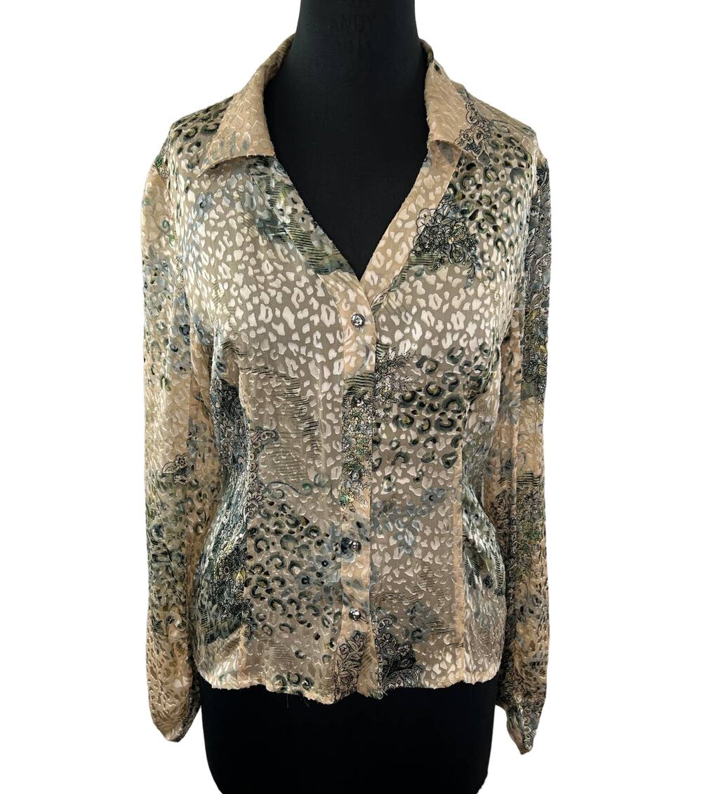 PENTA Beige Green Leopard Print Long Sleeve Button Down Blouse Top Silk Blend 10
